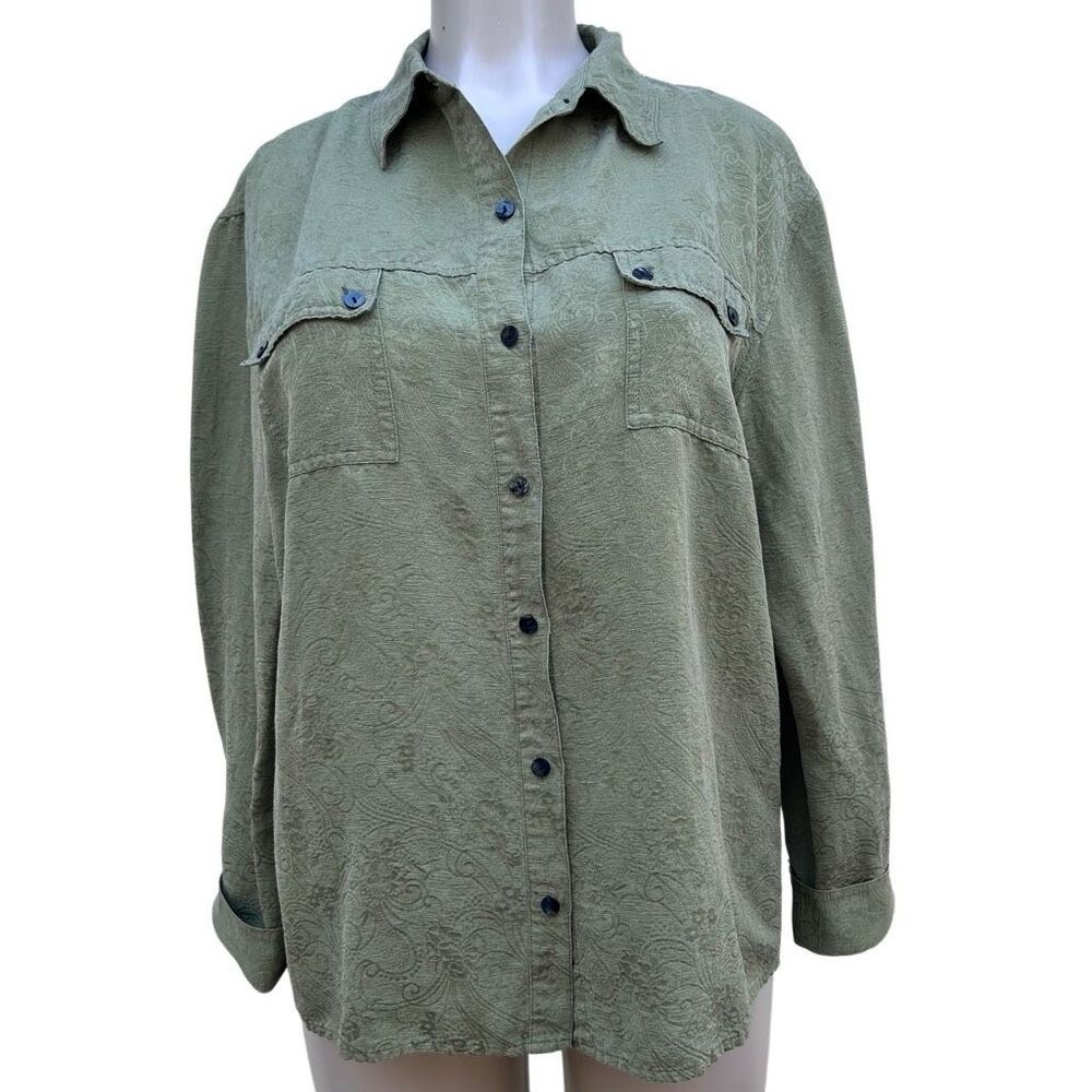 Chico's Jacquard Shirt Women's Size 2 Green Silk Linen Blend Floral Button-up